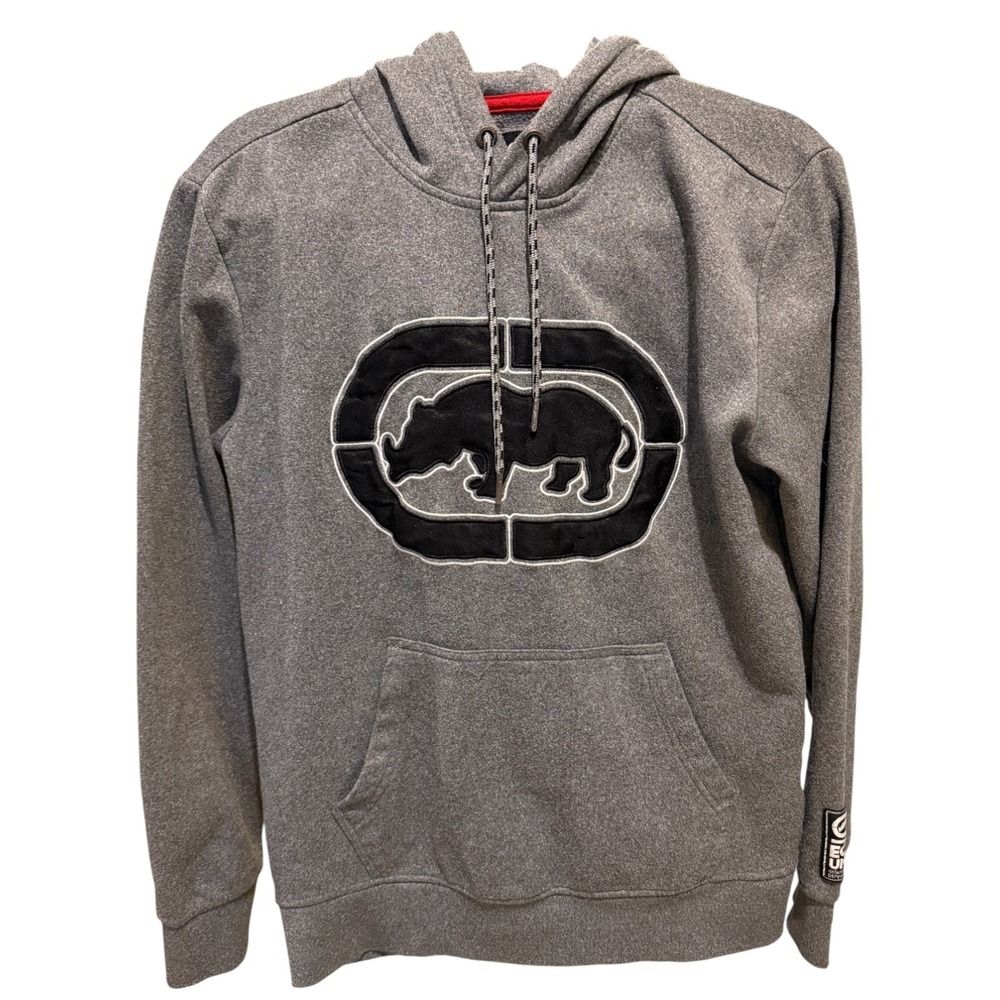 Ecko Unltd Hoodie Men Small Gray Graphic Print Logo Fleece Adjustable Drawstring